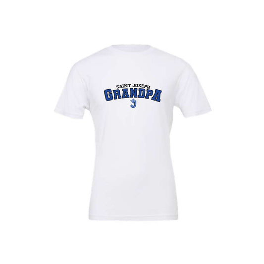 white bella and canvas short sleeve t-shirt with custom athletic block saint joseph grandpa printed design on the center chest in black and blue ink 