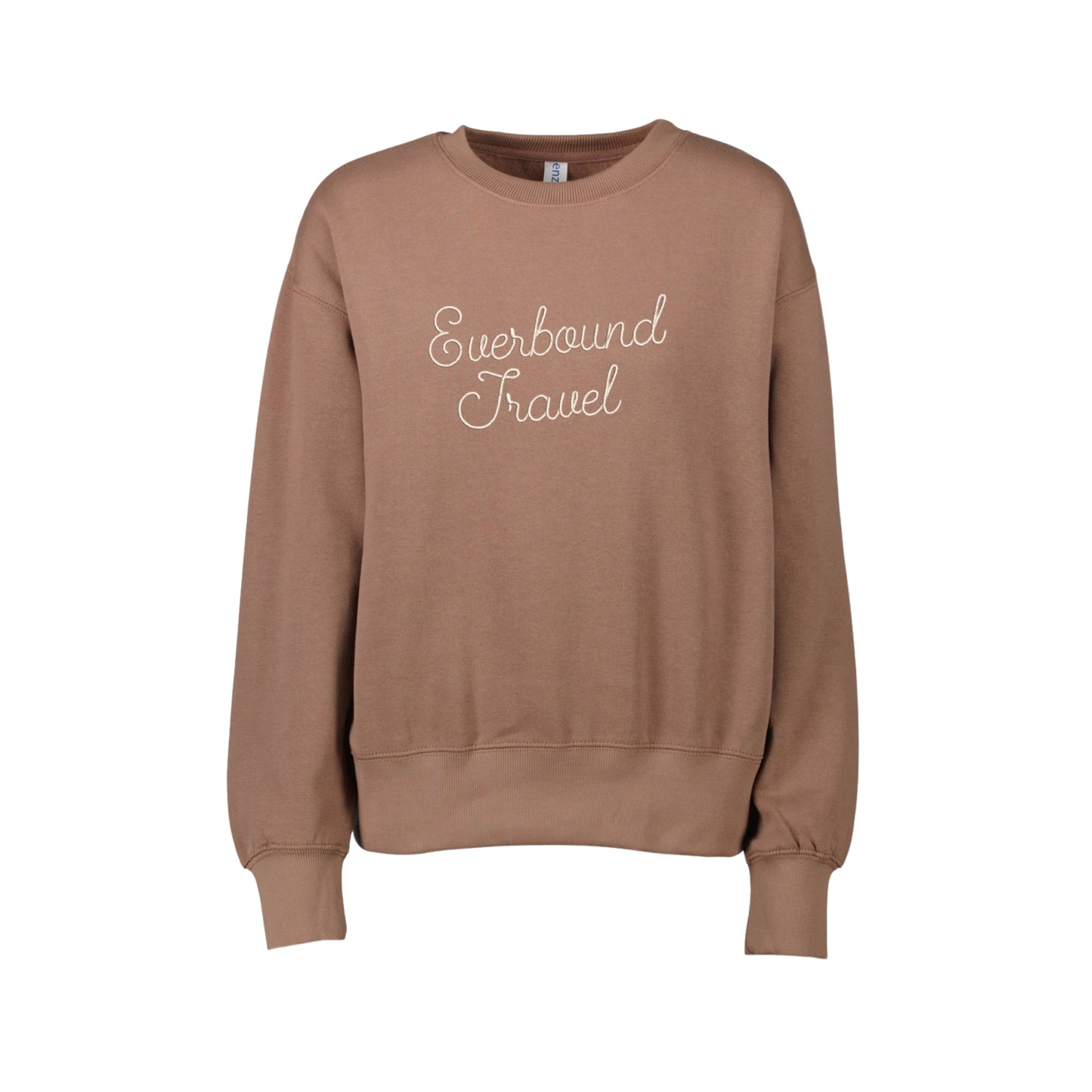 brown sugar boxy crew with everbound travel embroidery in natural thread