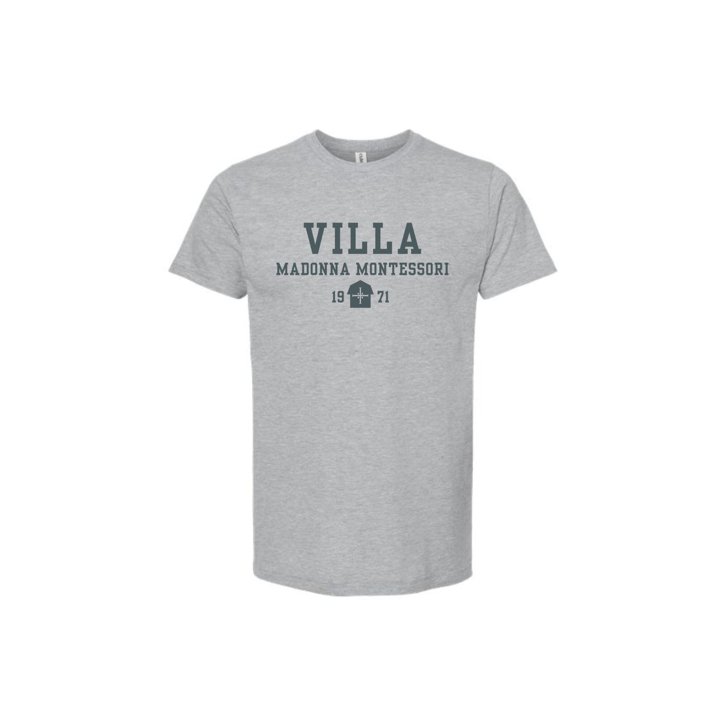 A light heather gray short-sleeve t-shirt with a dark gray graphic print on the chest reading 'VILLA MADONNA MONTESSORI 1871' and a small building icon, shown on a plain white background.