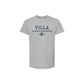 A light heather gray short-sleeve t-shirt with a dark gray graphic print on the chest reading 'VILLA MADONNA MONTESSORI 1871' and a small building icon, shown on a plain white background.