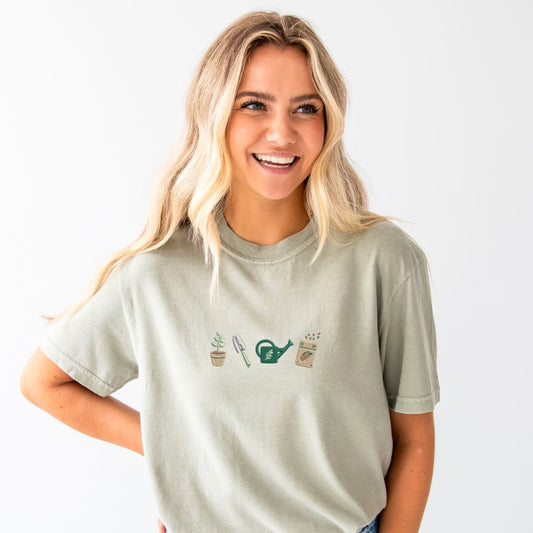 Customizable Gardening Icons Embroidered Comfort Colors T-Shirt