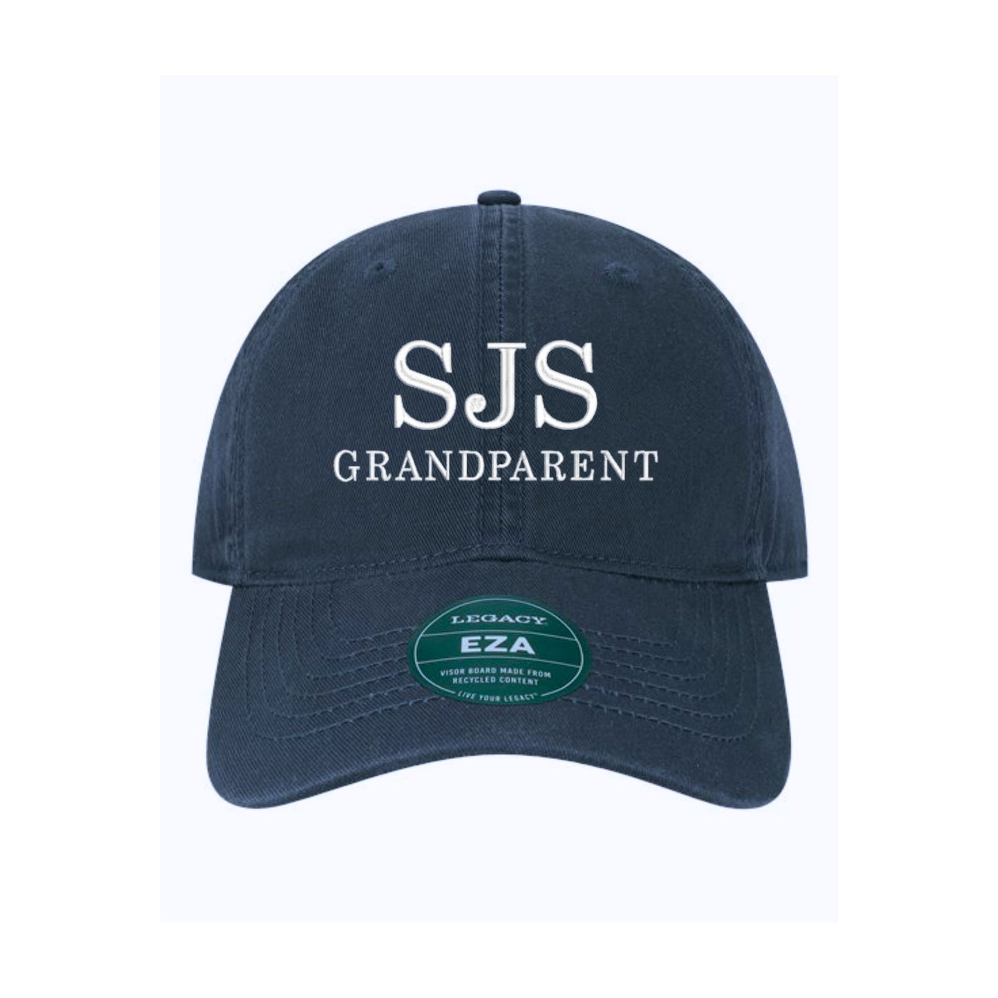 navy blue baseball hat with sjs grandparent embroidered in white thread