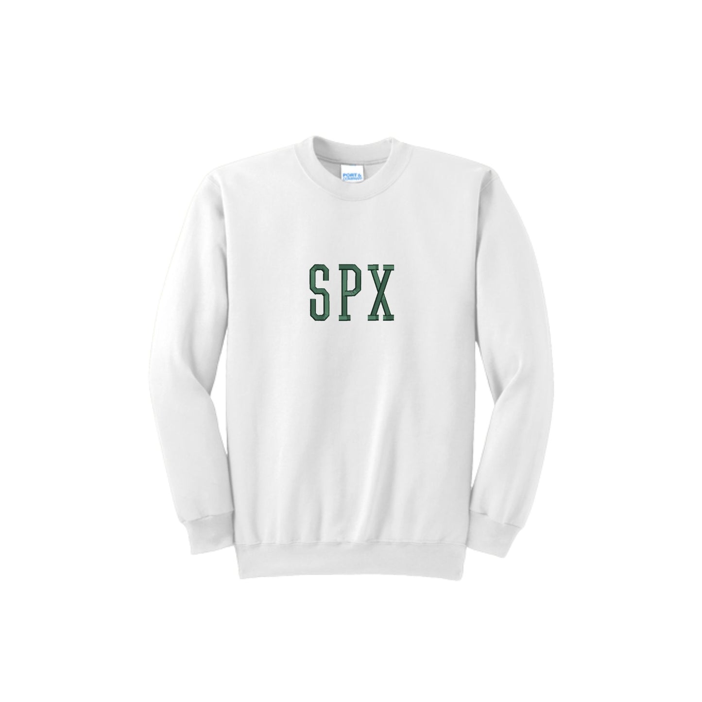 White sweatshirt with 'SPX' printed on it against a white background