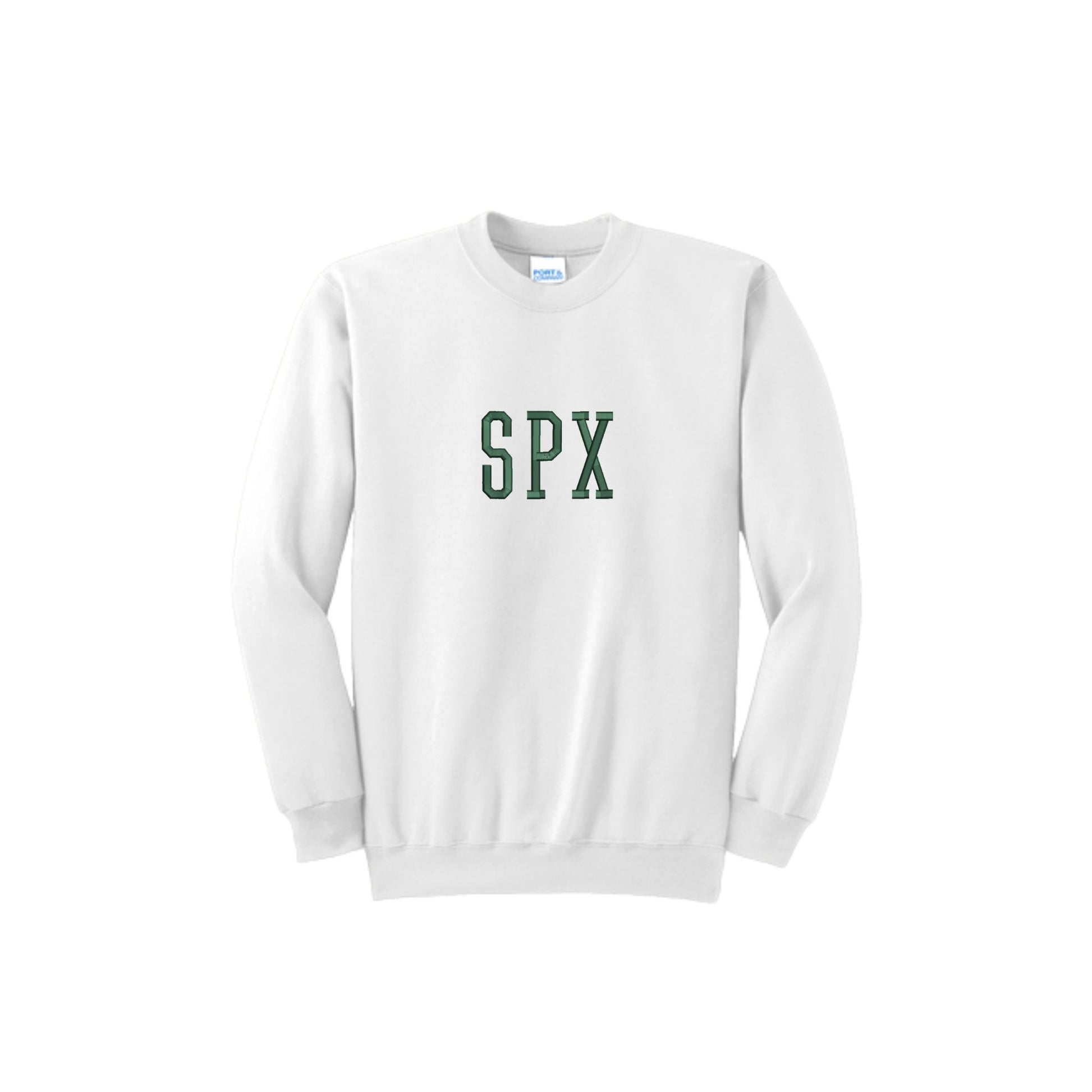 White sweatshirt with 'SPX' printed on it against a white background