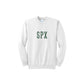 White sweatshirt with 'SPX' printed on it against a white background