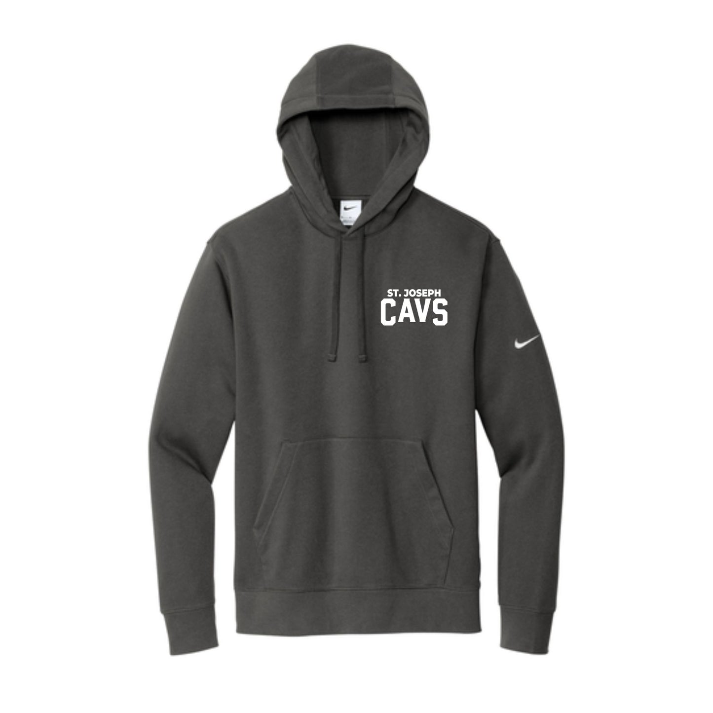 anthracite nike hooded sweatshirt with custom st. joseph cavs print in white on the left chest