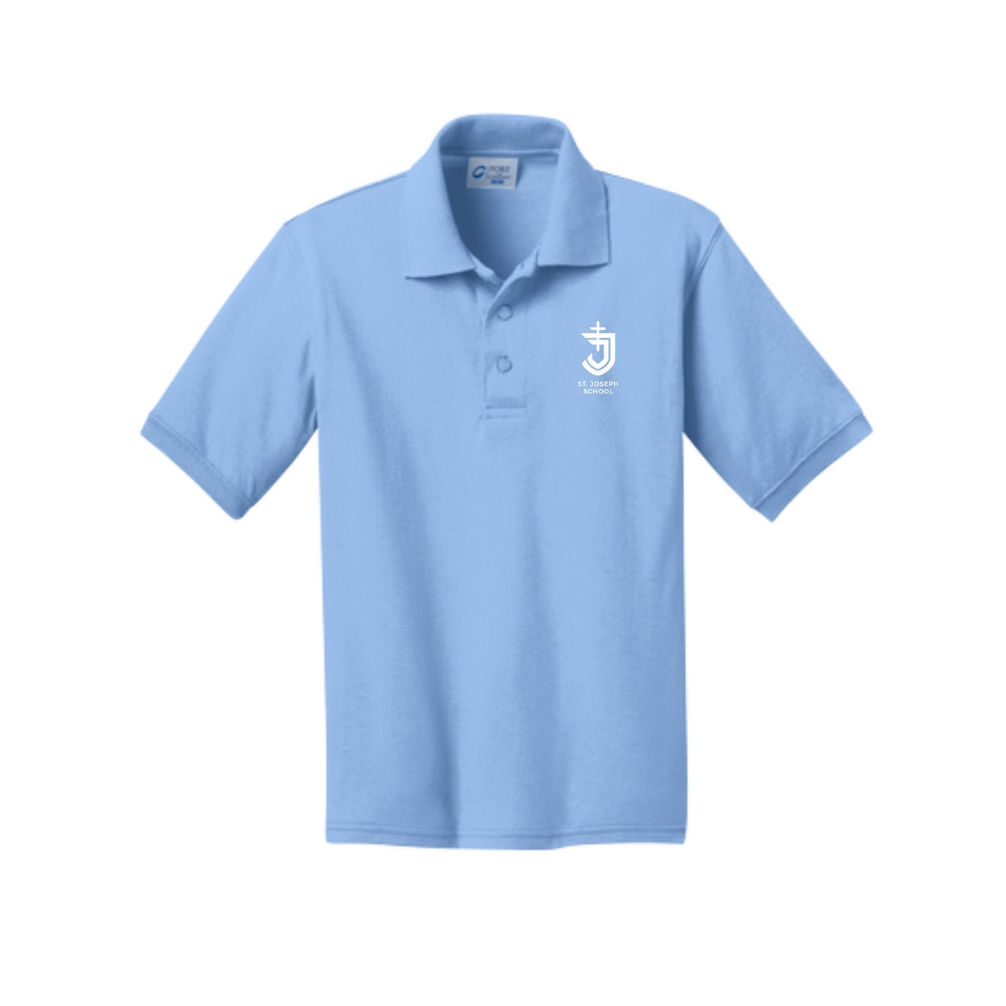 Light blue polo shirt with a logo on a white background