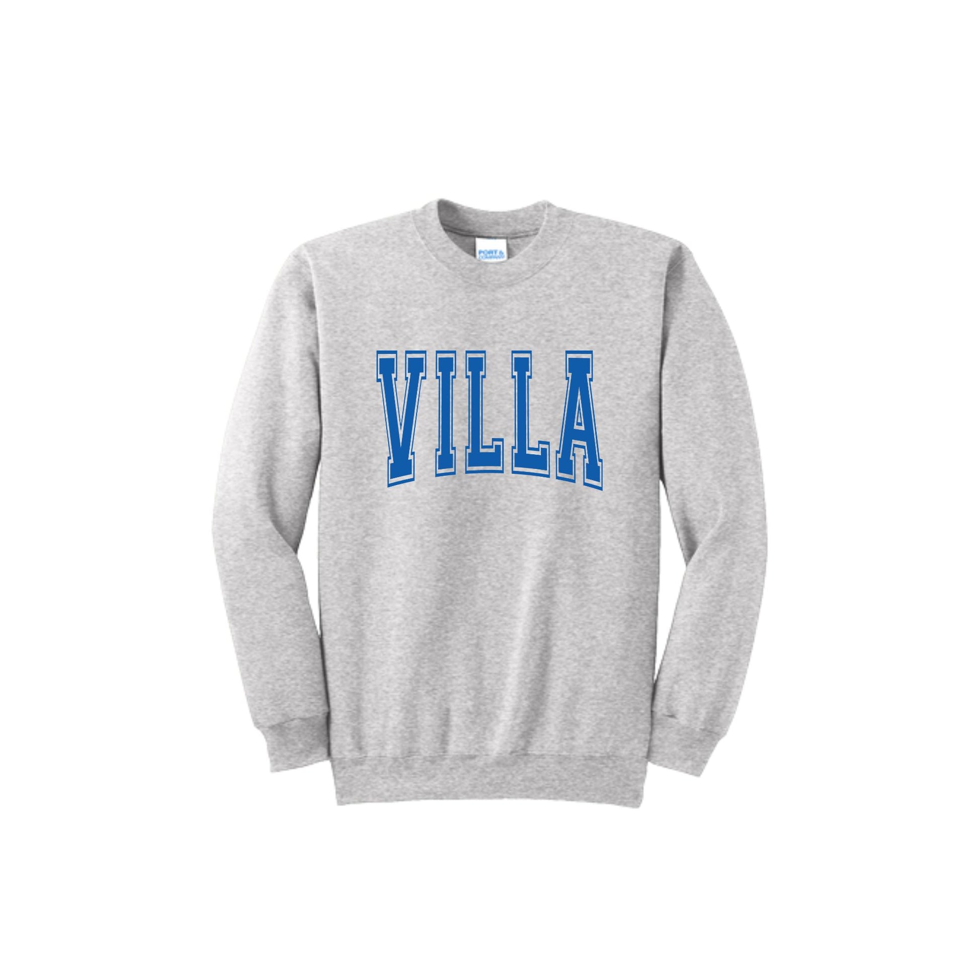 Gray sweatshirt with 'VILLA' printed in blue on a white background