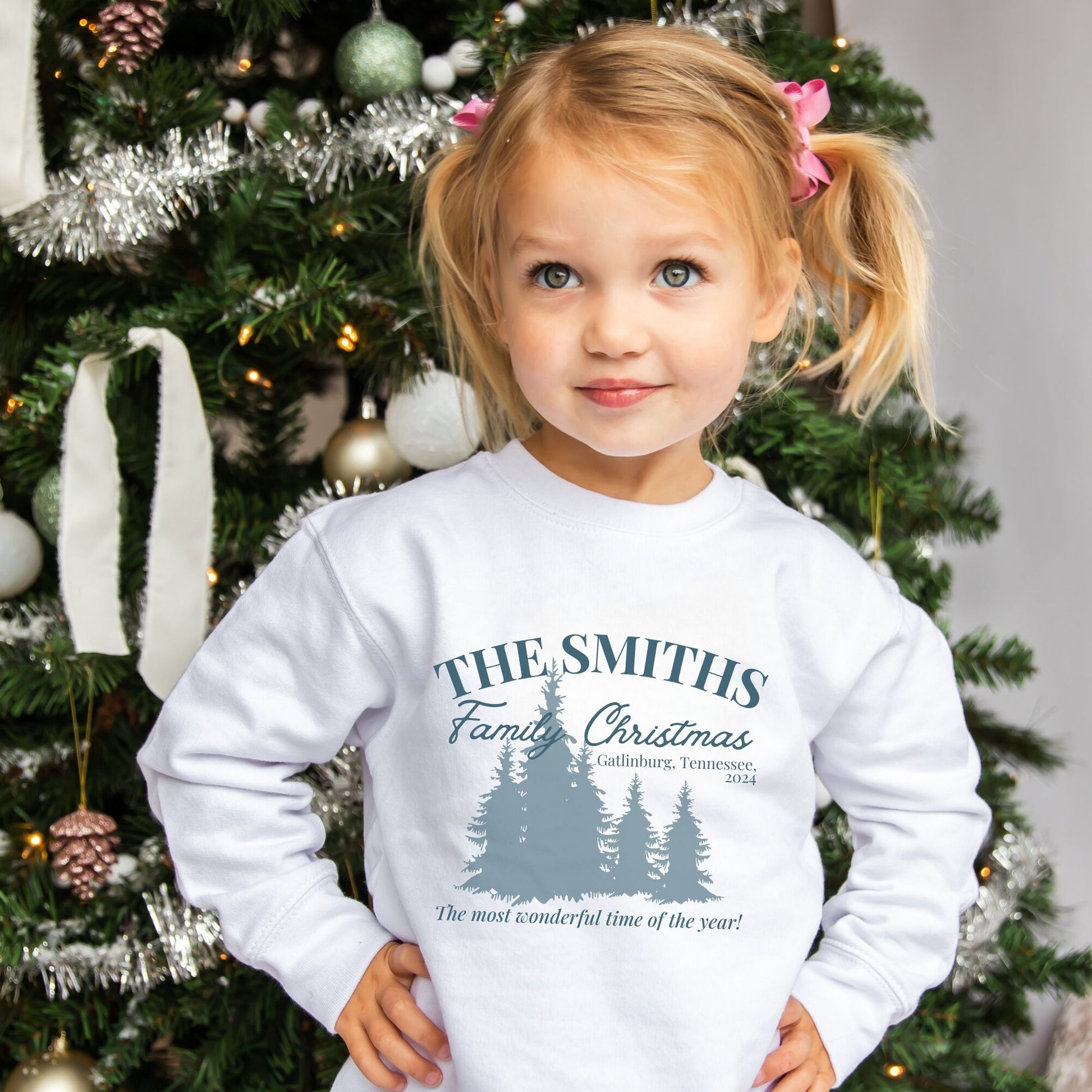 toddler  wearing a white youth sweatshirt with a custom christmas print featuring a family name, vacation location, year, trees, and a "The most wonderful time of the year!" quote in blue ink