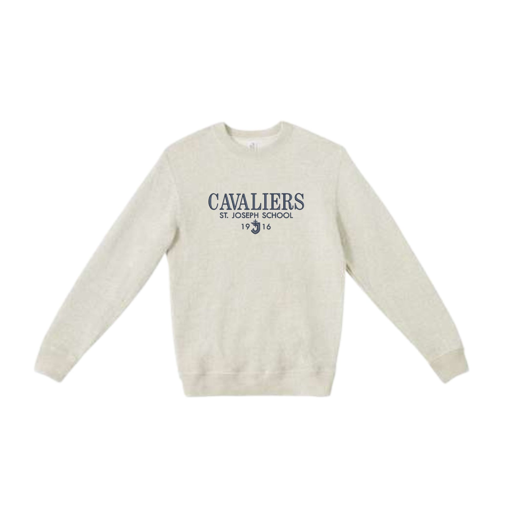 cozy knit latte sweater with 'Cavaliers St. Joseph School' embroidery in navy thread on the center chest