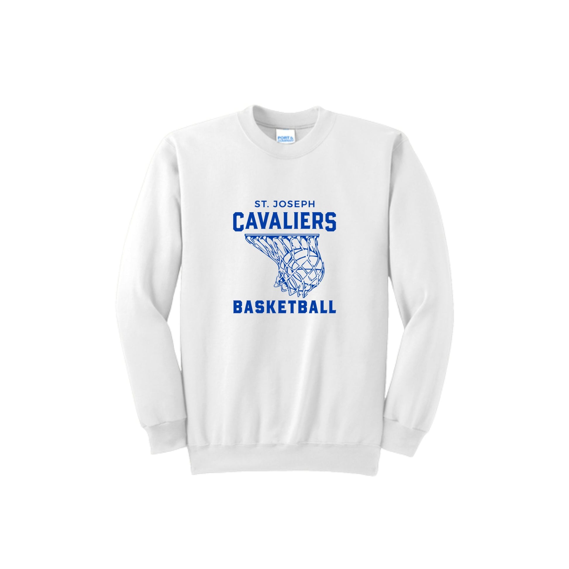 White sweatshirt with 'St. Joseph Cavaliers Basketball' and basketball going into net design printed on the front in royal blue ink 