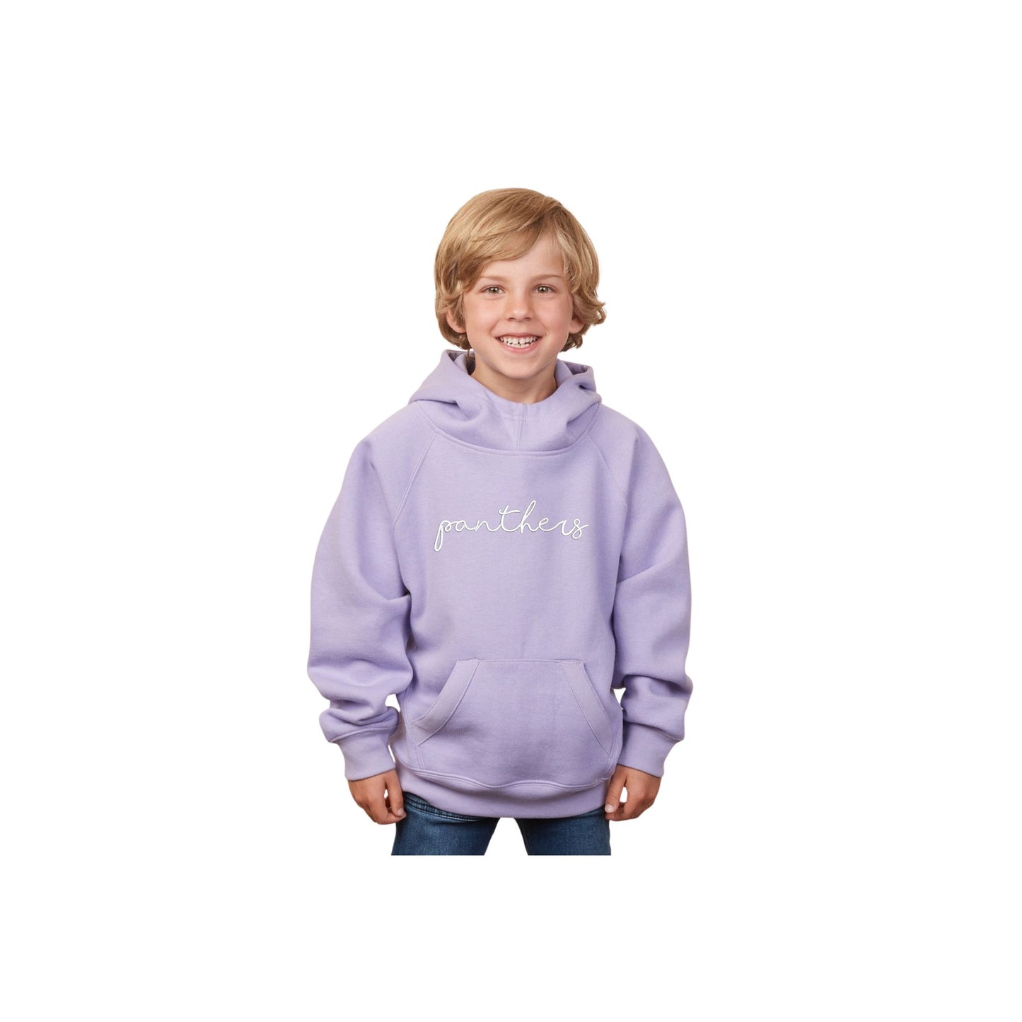 child wearing an orchid scuba neck hoodie with embroidered panthers design in white thread  