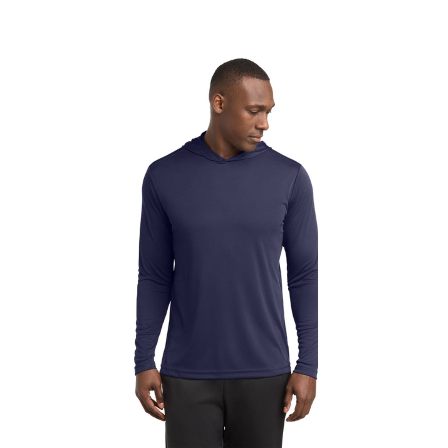 Man wearing a navy blue long-sleeve athletic shirt on a white background