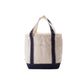 Beige tote cooler bag with navy trim on a white background
