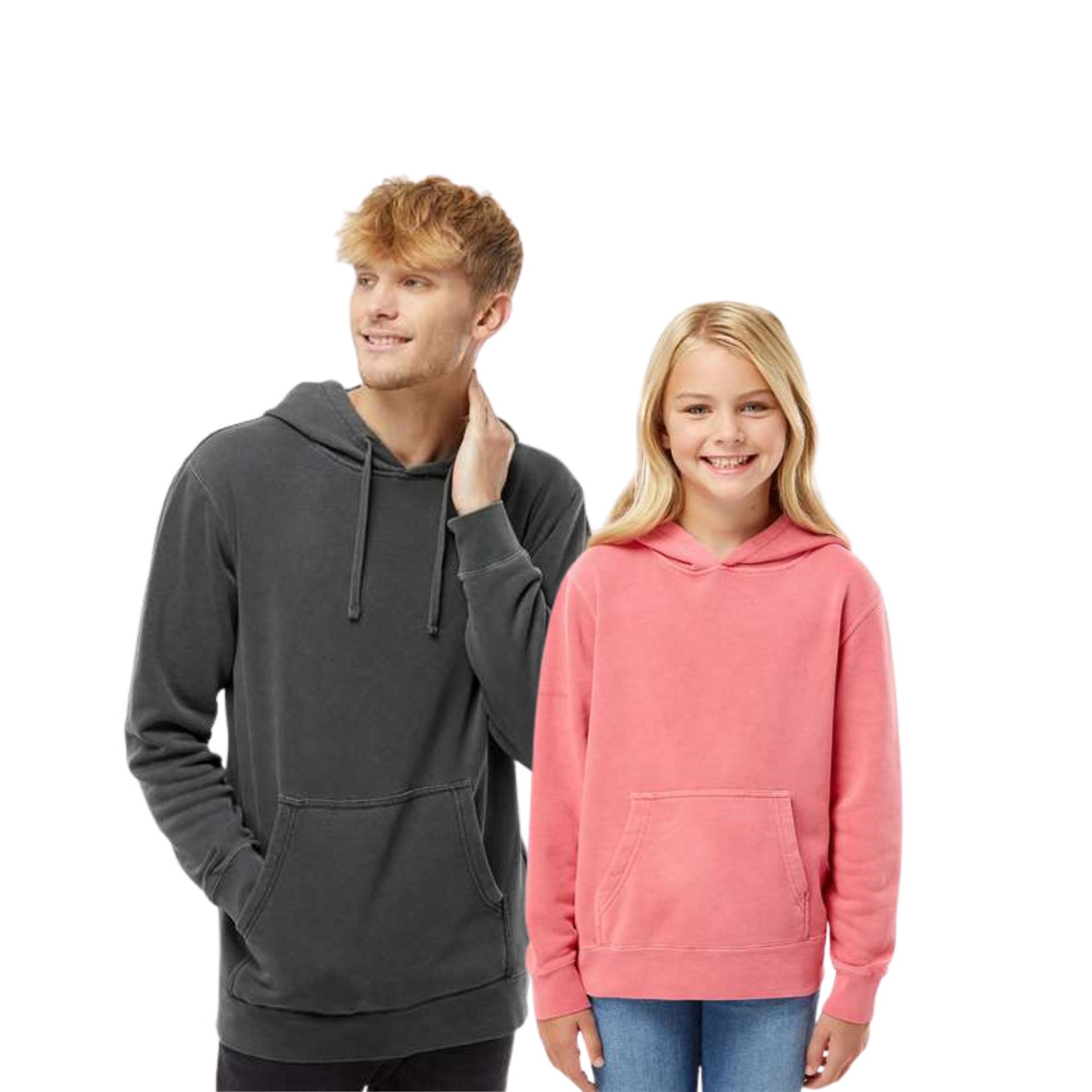 Man and girl wearing gray and pink hoodies on a white background