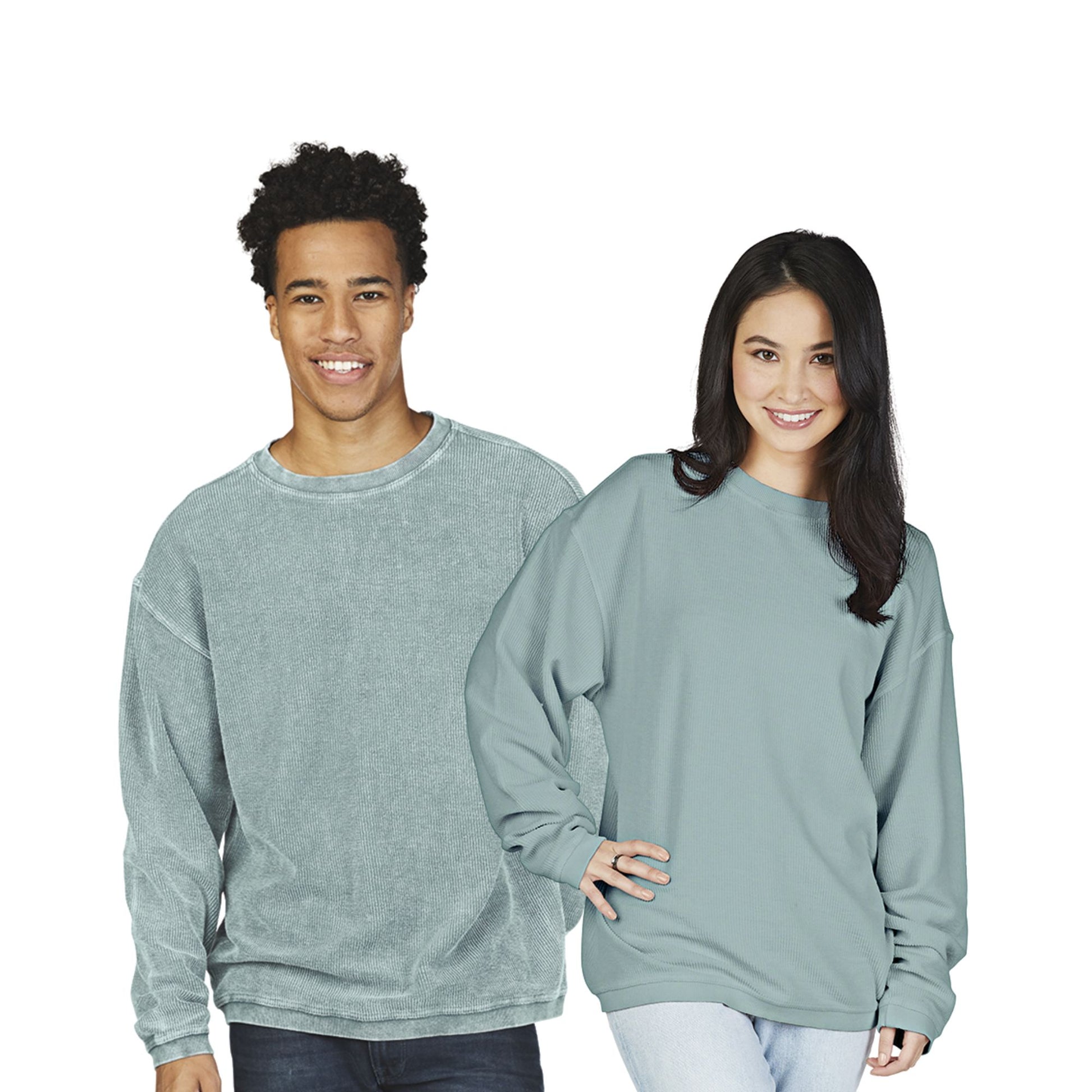 Two people wearing bay corded  sweatshirts on a white background