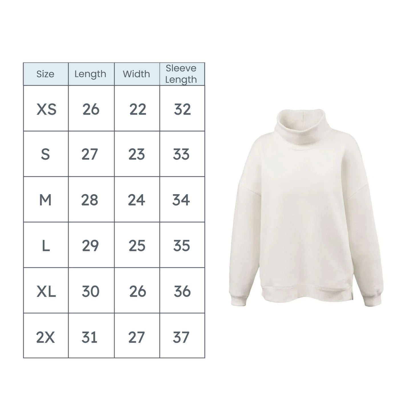 White mockneck sweater with size chart on a white background