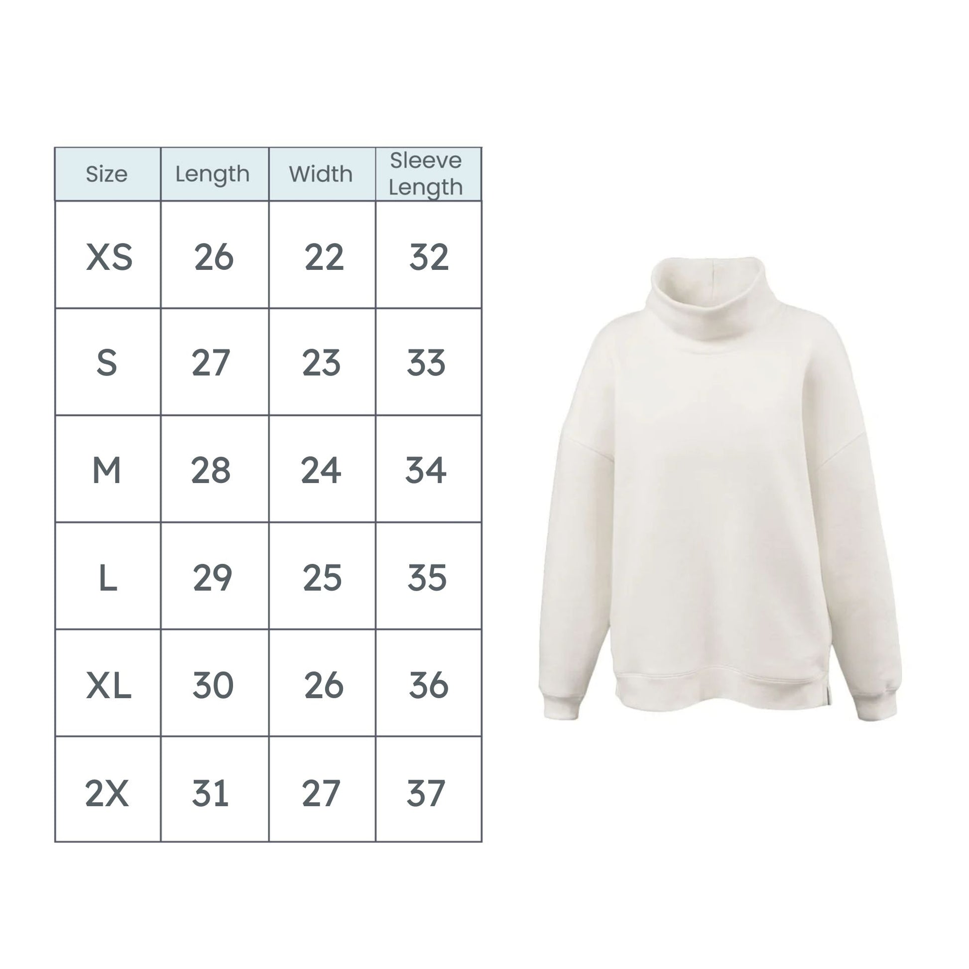 White mockneck sweater with size chart on a white background
