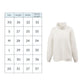 White mockneck sweater with size chart on a white background