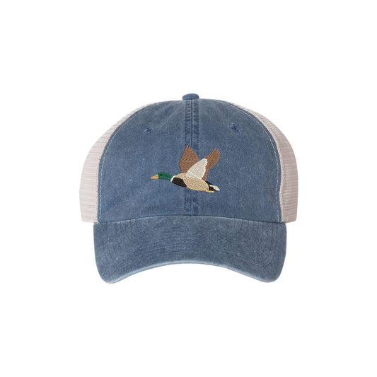 navy pigment-dyed mesh back trucker hat with mallard duck embroidered design