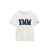 An off-white short-sleeve t-shirt with 'VMM' printed in navy blue collegiate block letters across the chest, and a small navy blue cross logo on the right sleeve, shown on a plain white background.