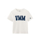 An off-white short-sleeve t-shirt with 'VMM' printed in navy blue collegiate block letters across the chest, and a small navy blue cross logo on the right sleeve, shown on a plain white background.