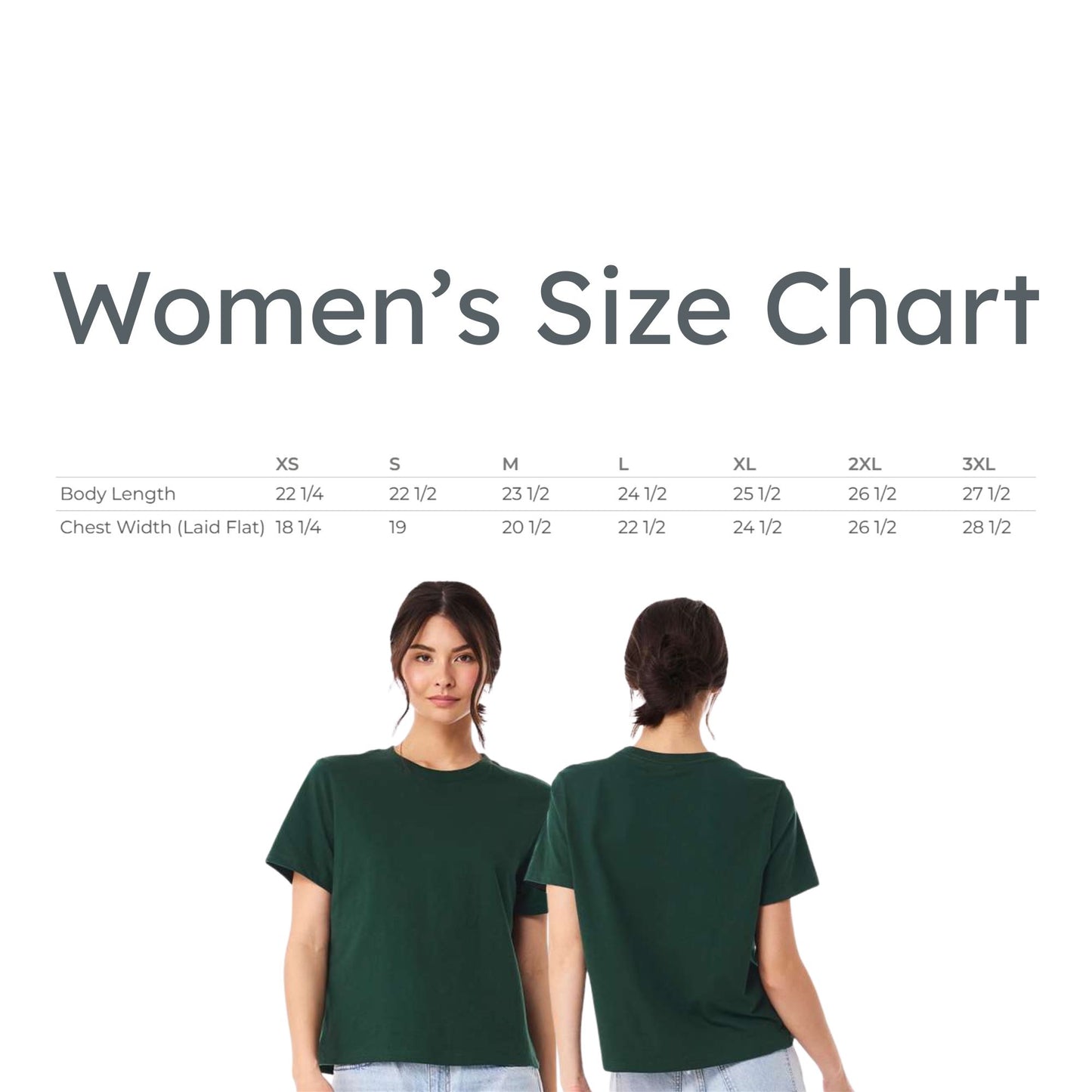Women's size chart with two models wearing green shirts on a white background