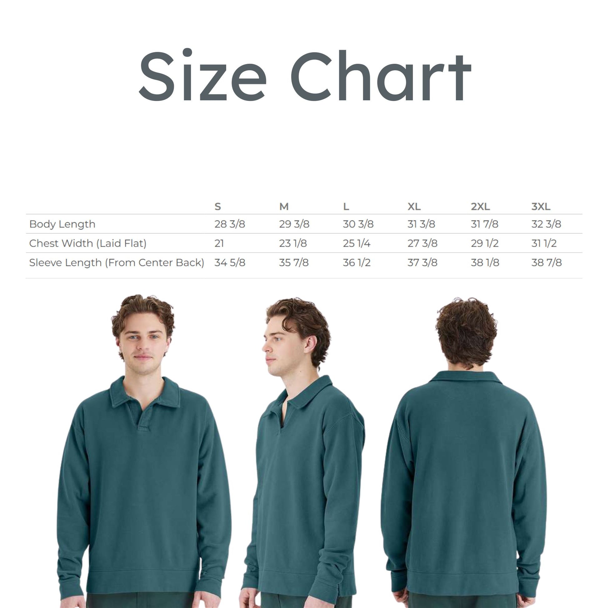 Size chart for a teal sweater with measurements on a white background