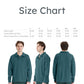 Size chart for a teal sweater with measurements on a white background