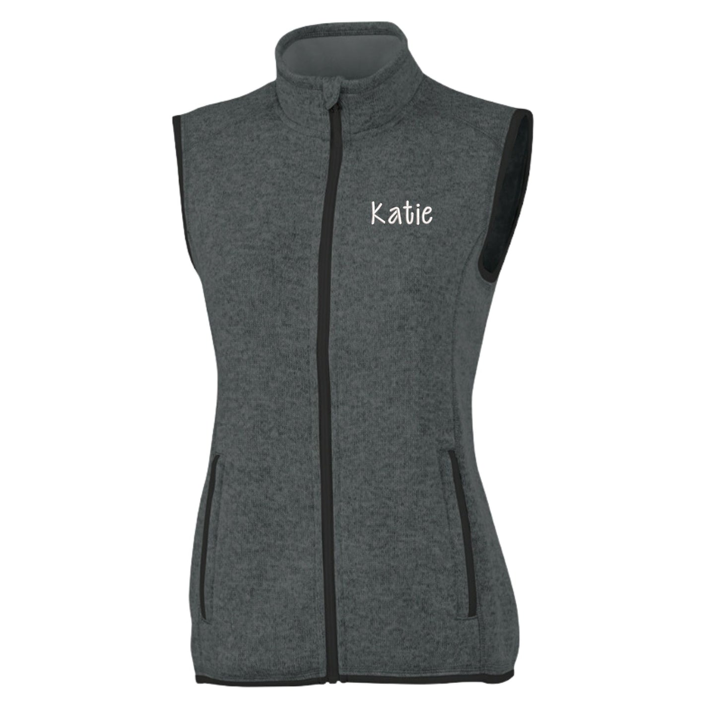 charcoal knit fleece vest with 
embroidered name in white thread  on the left chest