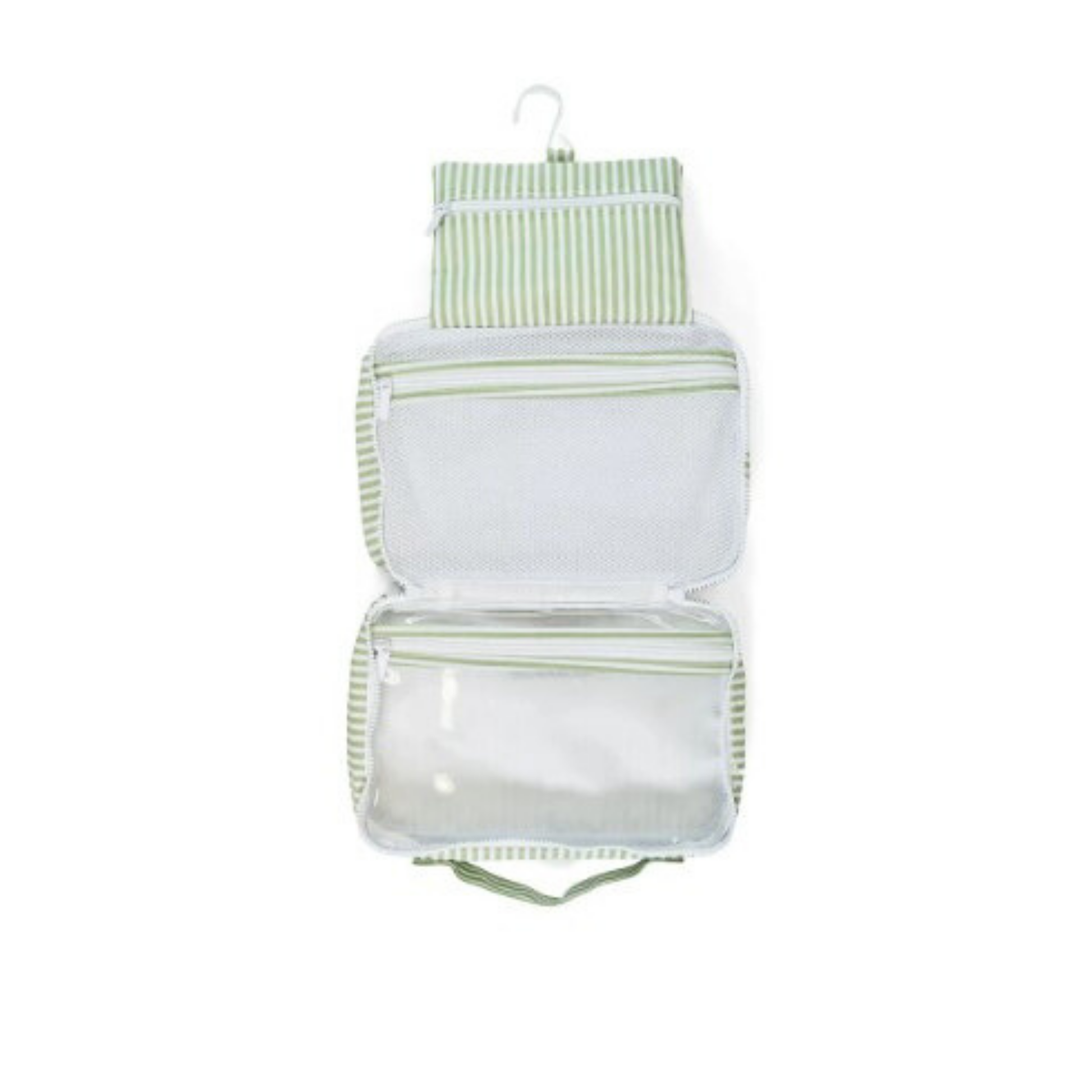 Clear and mesh hanging organizer with coated green striped outside on a white background