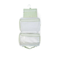 Clear and mesh hanging organizer with coated green striped outside on a white background