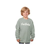 Child wearing a light green sweatshirt with 'Panthers' text on a white background