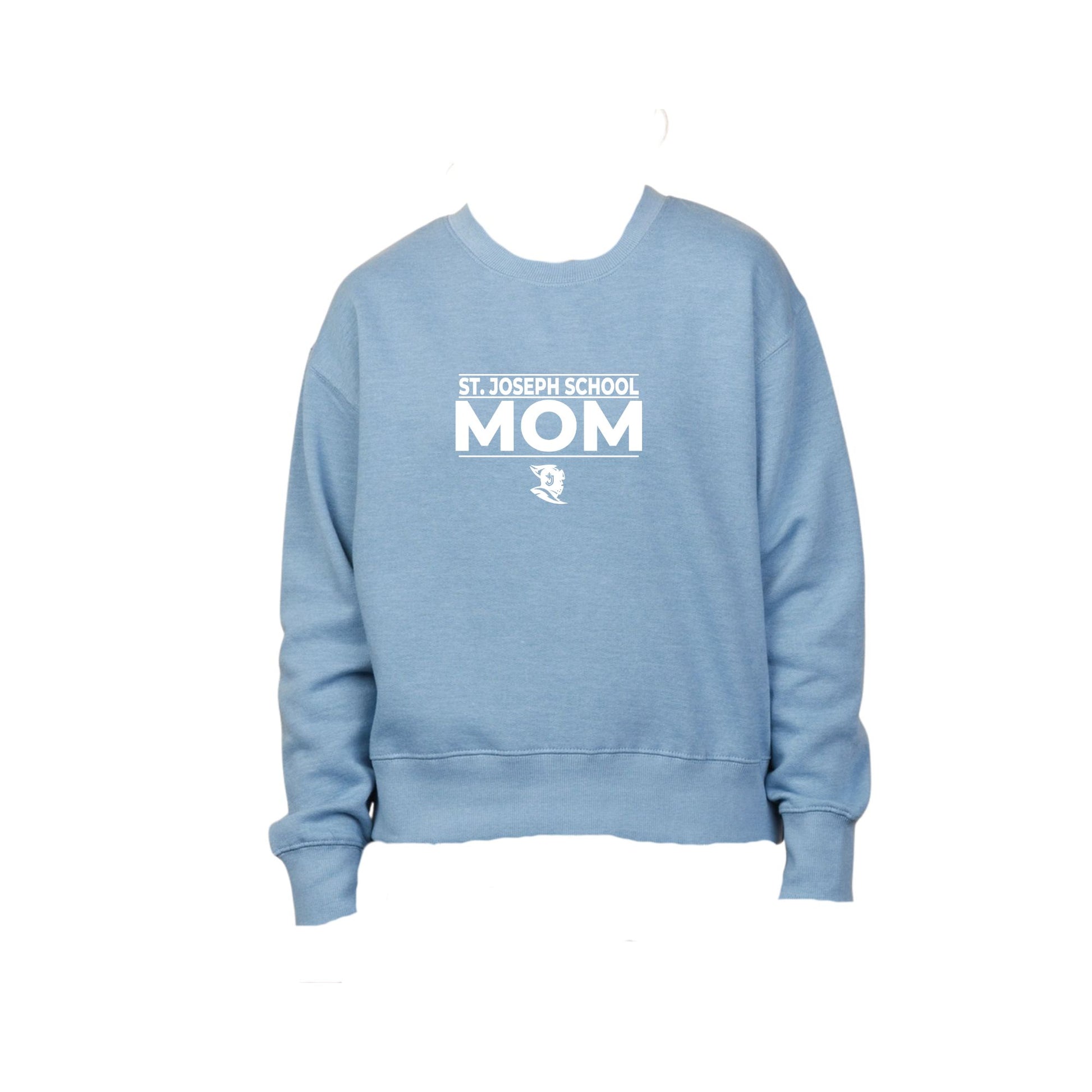 Light blue sweatshirt with 'St. Joseph School Mom' text on a white background