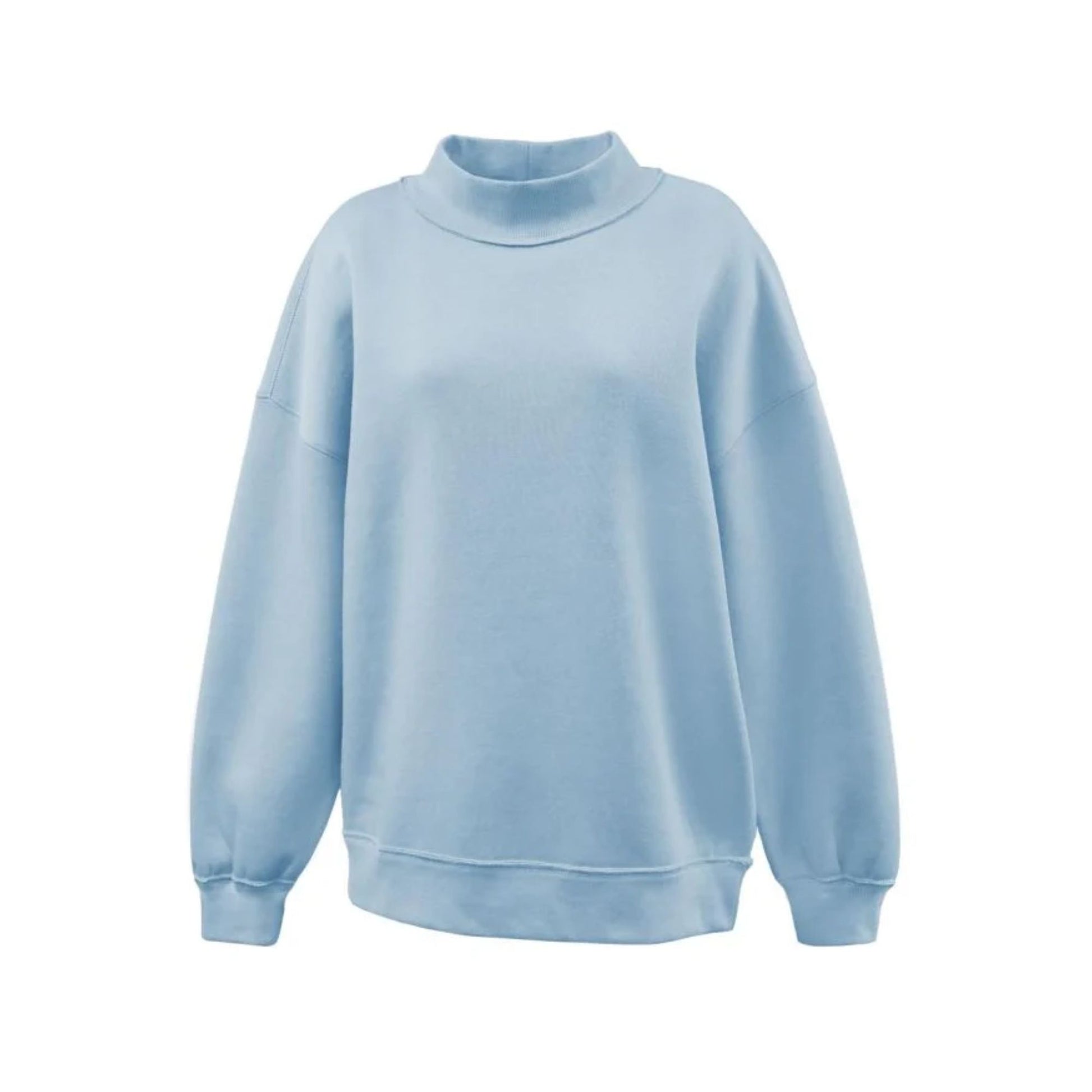 Light blue mockneck sweatshirt on a white background