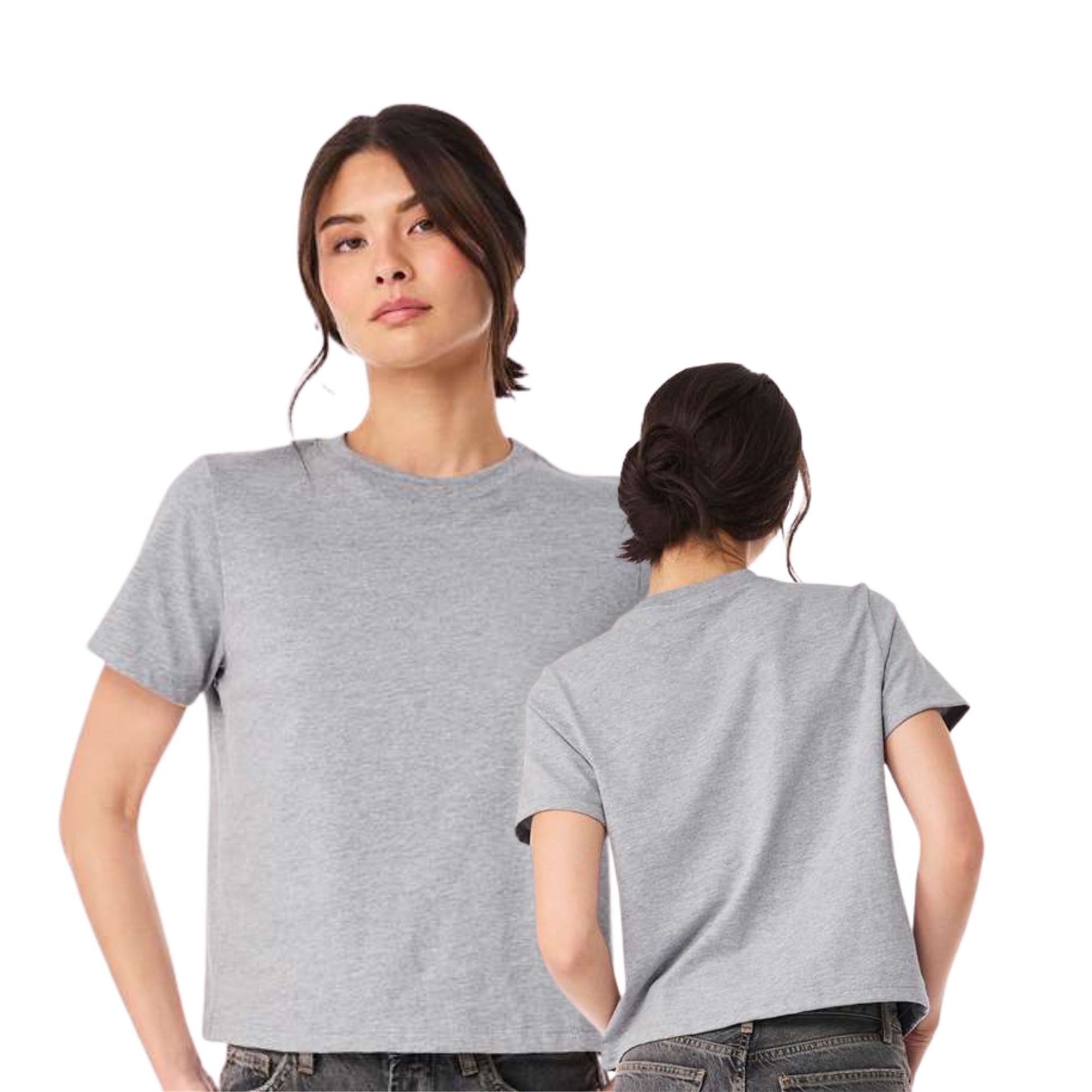 Woman  wearing a gray t-shirt with front and back views on a white background