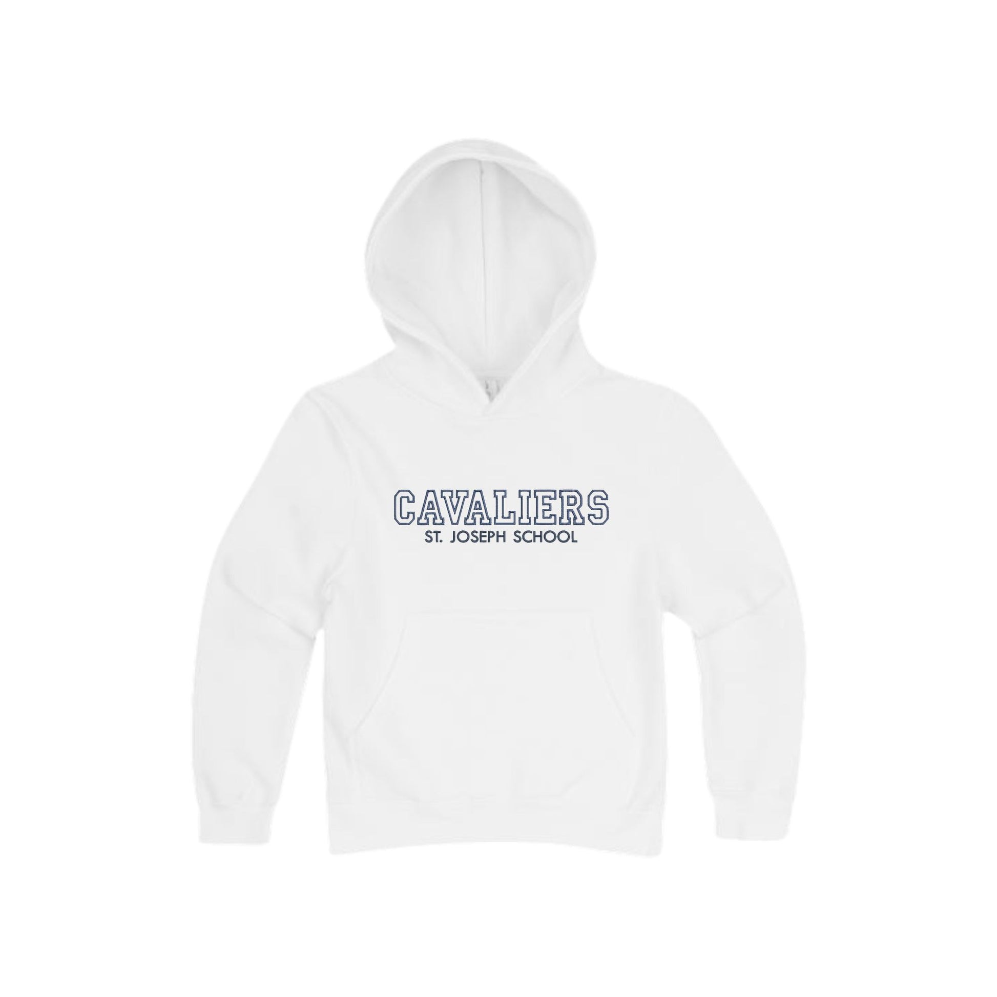 White hoodie with 'Cavaliers St. Joseph School' text on a white background