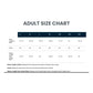 An adult size chart table with columns for S, M, L, XL, 2XL, 3XL, and 4XL, showing body length, chest, and sleeve length measurements on a white background.