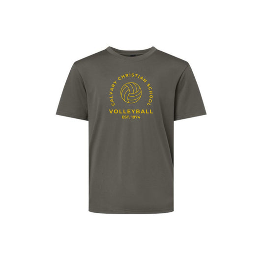 grey performance short sleeve shirt with custom Calvary Christian volleyball printed design on the front center chest in gold ink