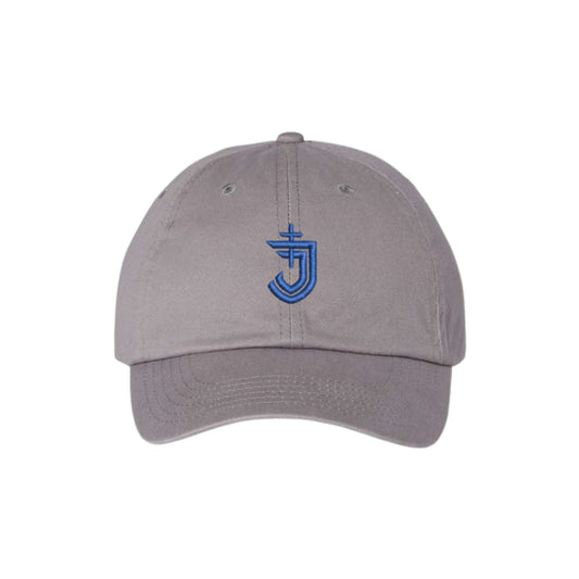 Gray cap with a blue logo on a white background