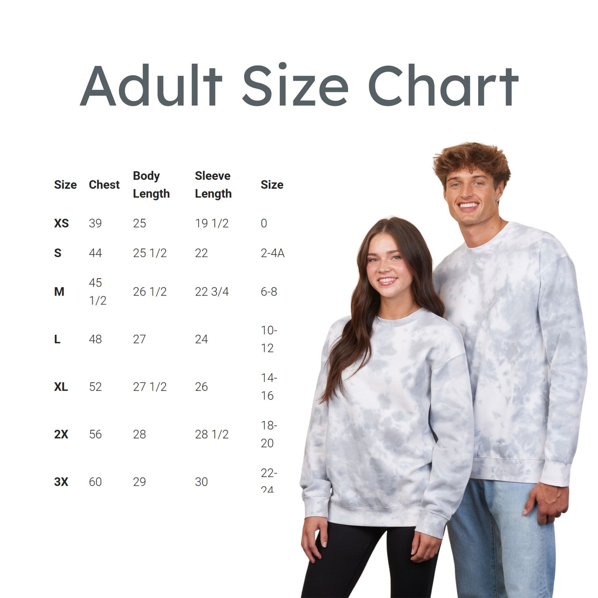 Size chart for adult clothing with two models wearing a gray tie-dye sweater.