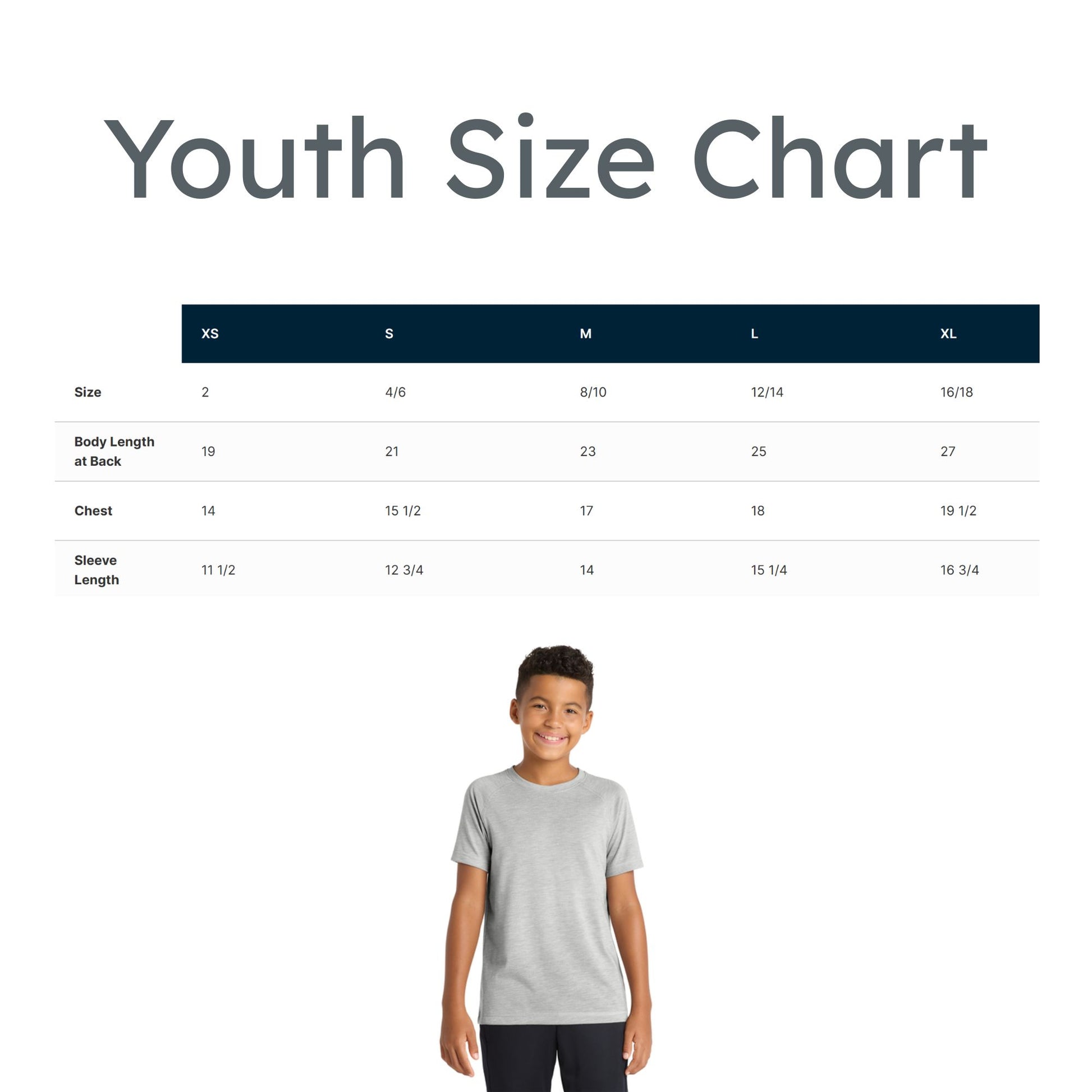 Youth size chart with a boy wearing a gray t-shirt on a white background