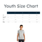 Youth size chart with a boy wearing a gray t-shirt on a white background