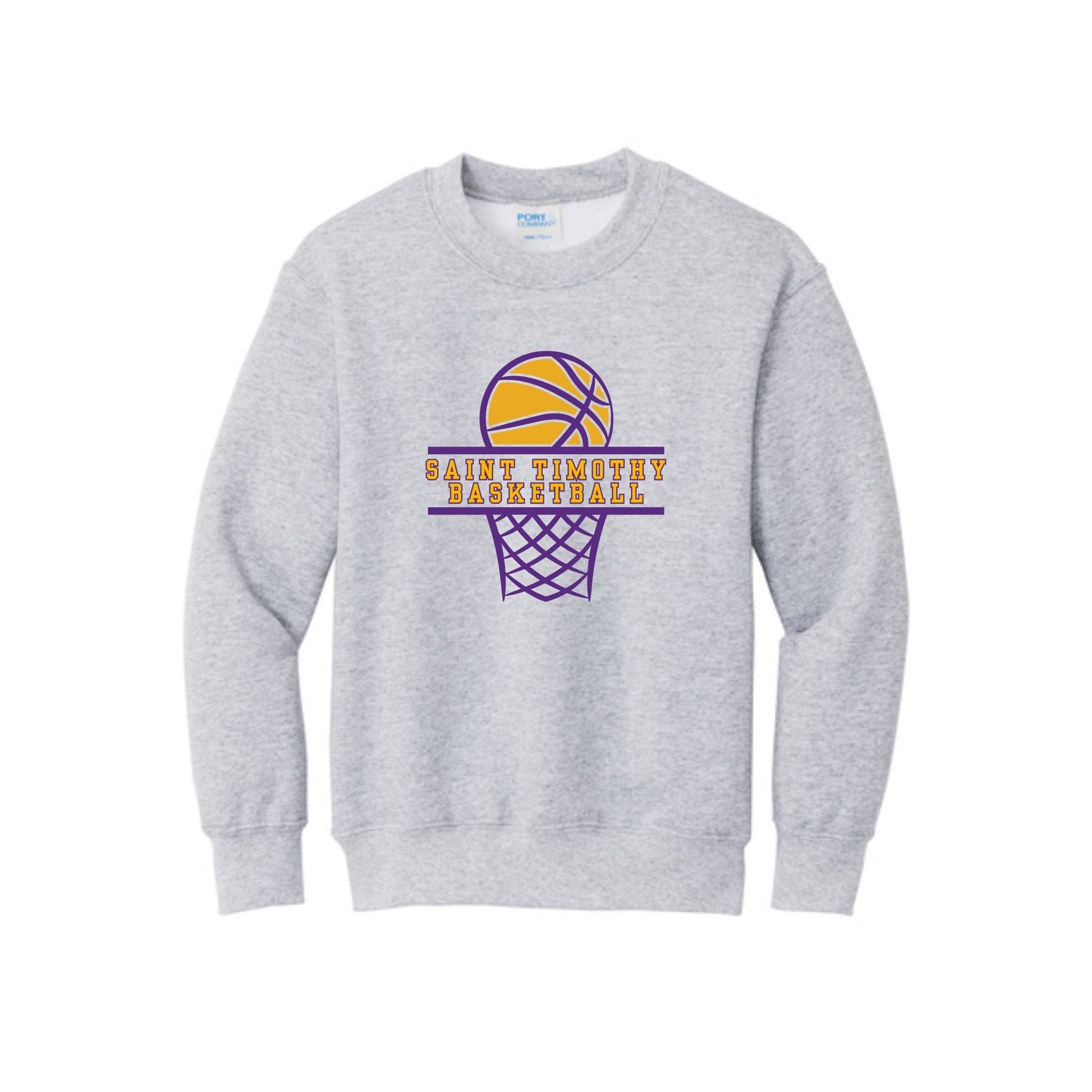 Gray sweatshirt with basketball design and text on a white background