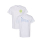 White t-shirt with text and graphics on a white background