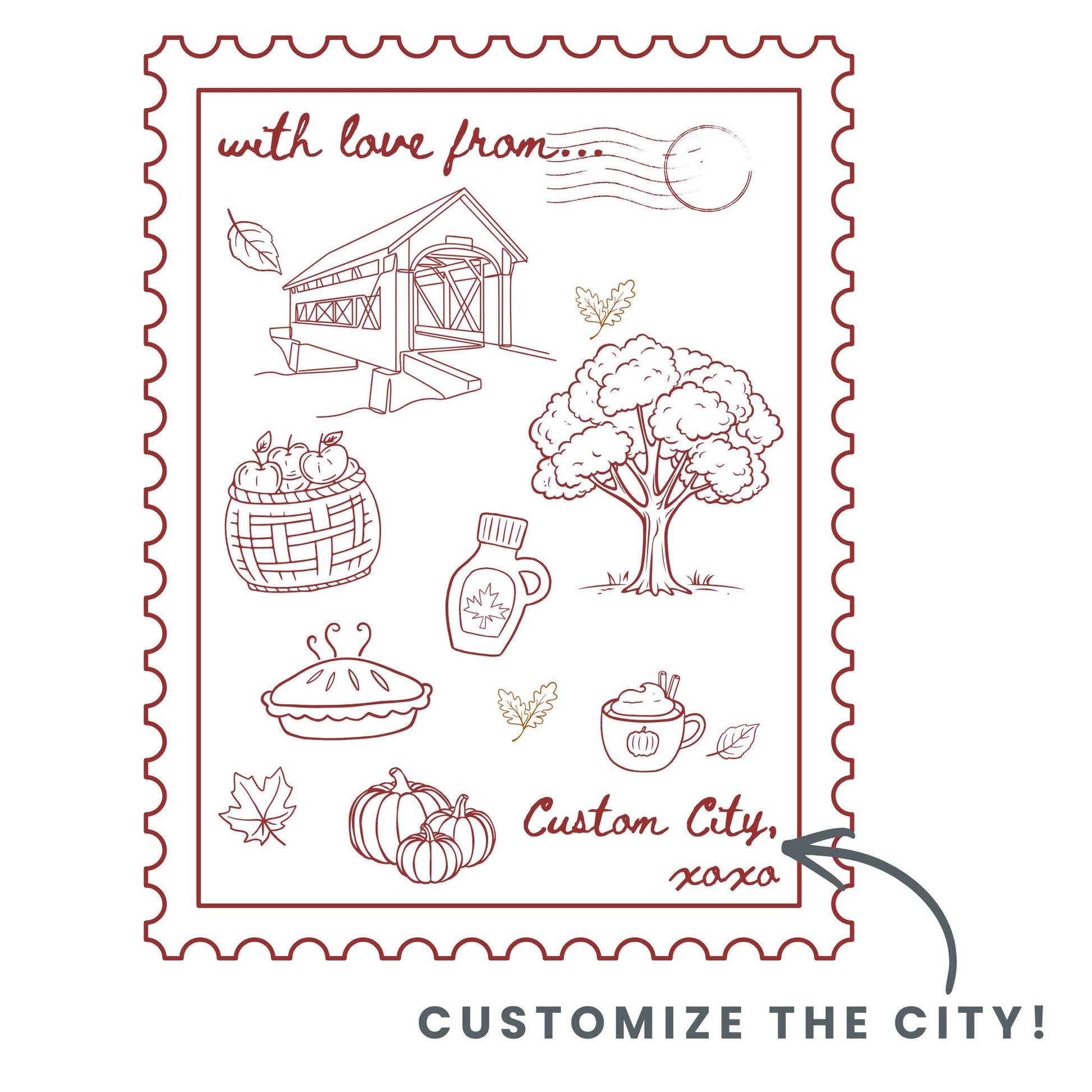A postage stamp-style graphic with scalloped edges, red line drawings of fall and autumn themes including a covered bridge, tree, pumpkins, pie, mug, maple syrup bottle, and leaves, plus the text 'with love from.