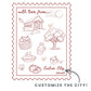 A postage stamp-style graphic with scalloped edges, red line drawings of fall and autumn themes including a covered bridge, tree, pumpkins, pie, mug, maple syrup bottle, and leaves, plus the text 'with love from.