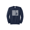 Navy blue sweatshirt with 'Cavaliers' text design on a white background