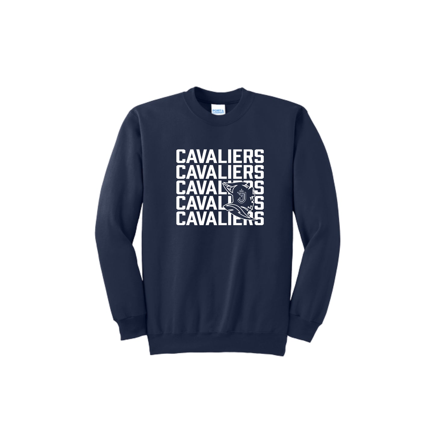 Navy blue sweatshirt with 'Cavaliers' text design on a white background