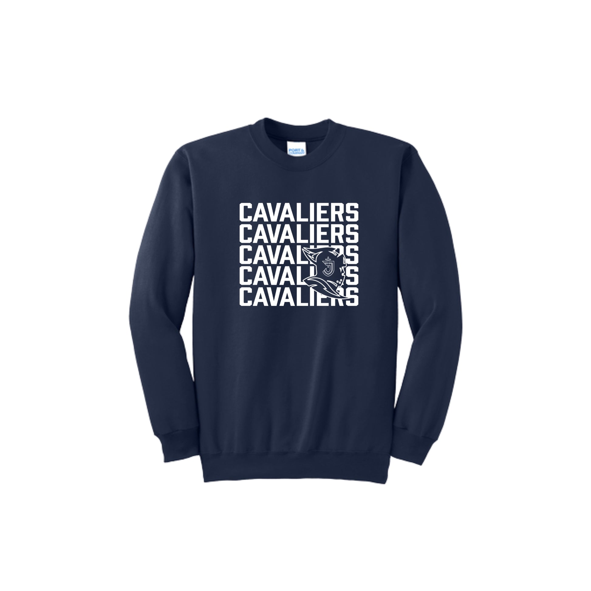 Navy blue sweatshirt with 'Cavaliers' text design on a white background